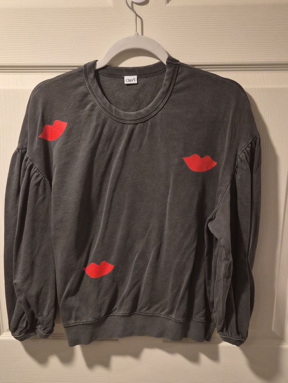 Clare V Gray Crewneck Sweatshirt with Red Lip Graphics